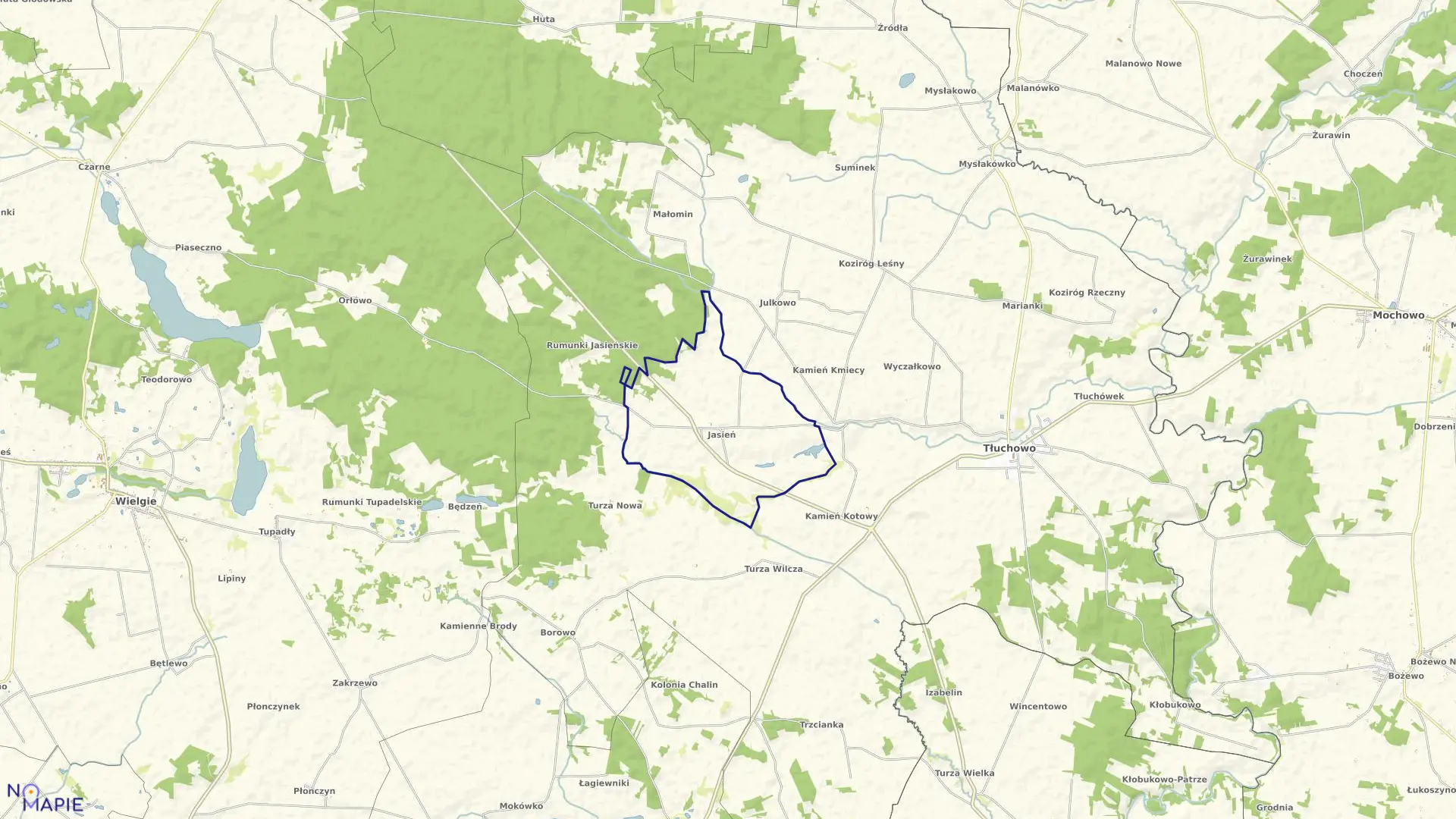 Mapa obrębu JASIEŃ w gminie Tłuchowo